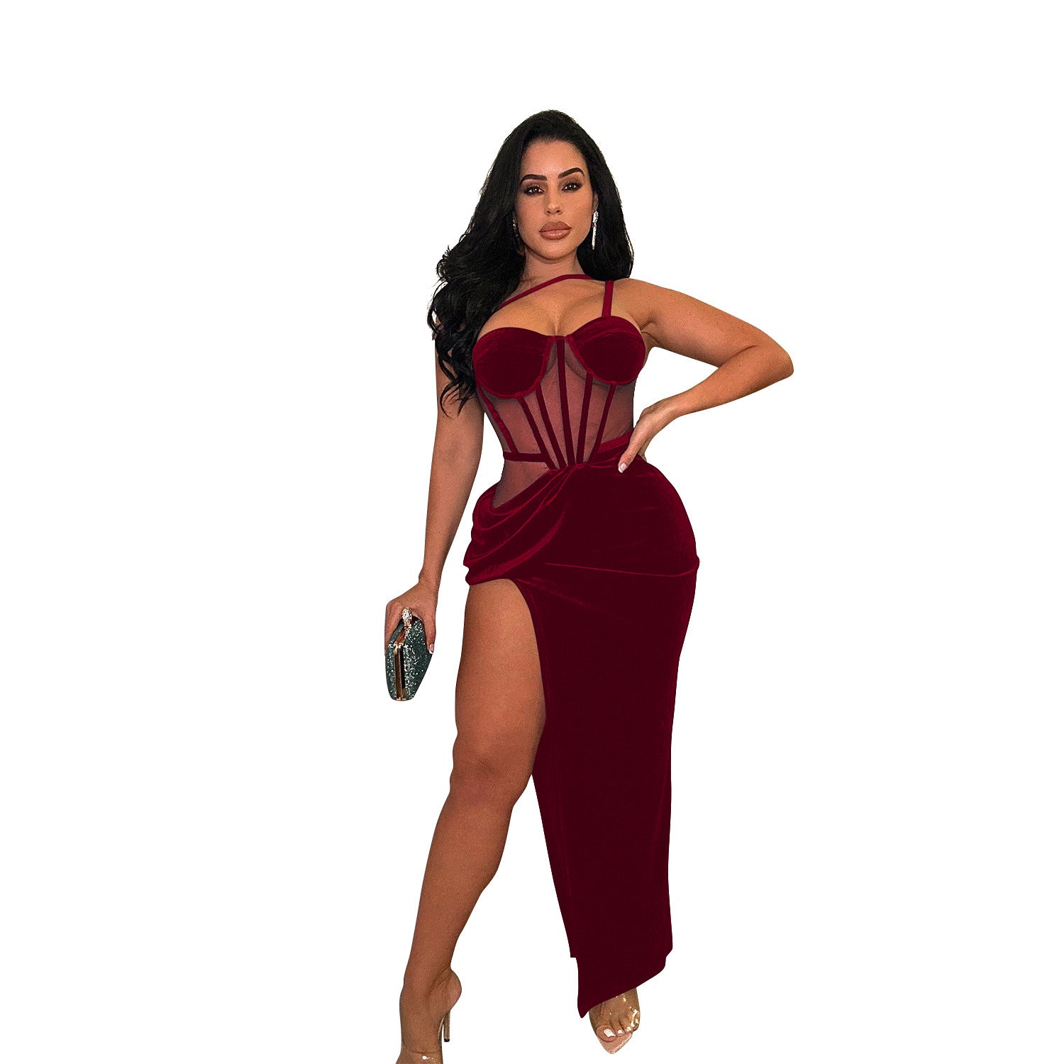 Fashion Women's Solid Color Mesh Straps Slit Long Dress 12
