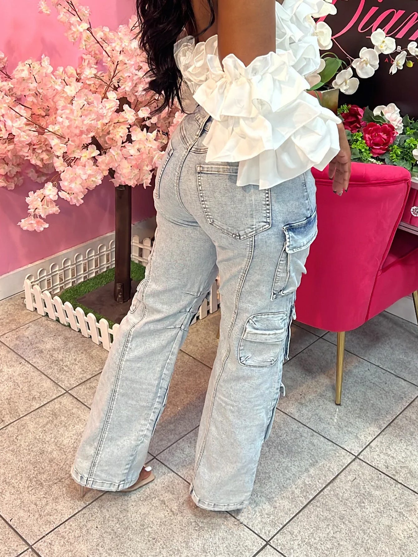 Women's Street Cargo Denim Pants High Waist Stretch Washed Multi-Pocket Jeans 5