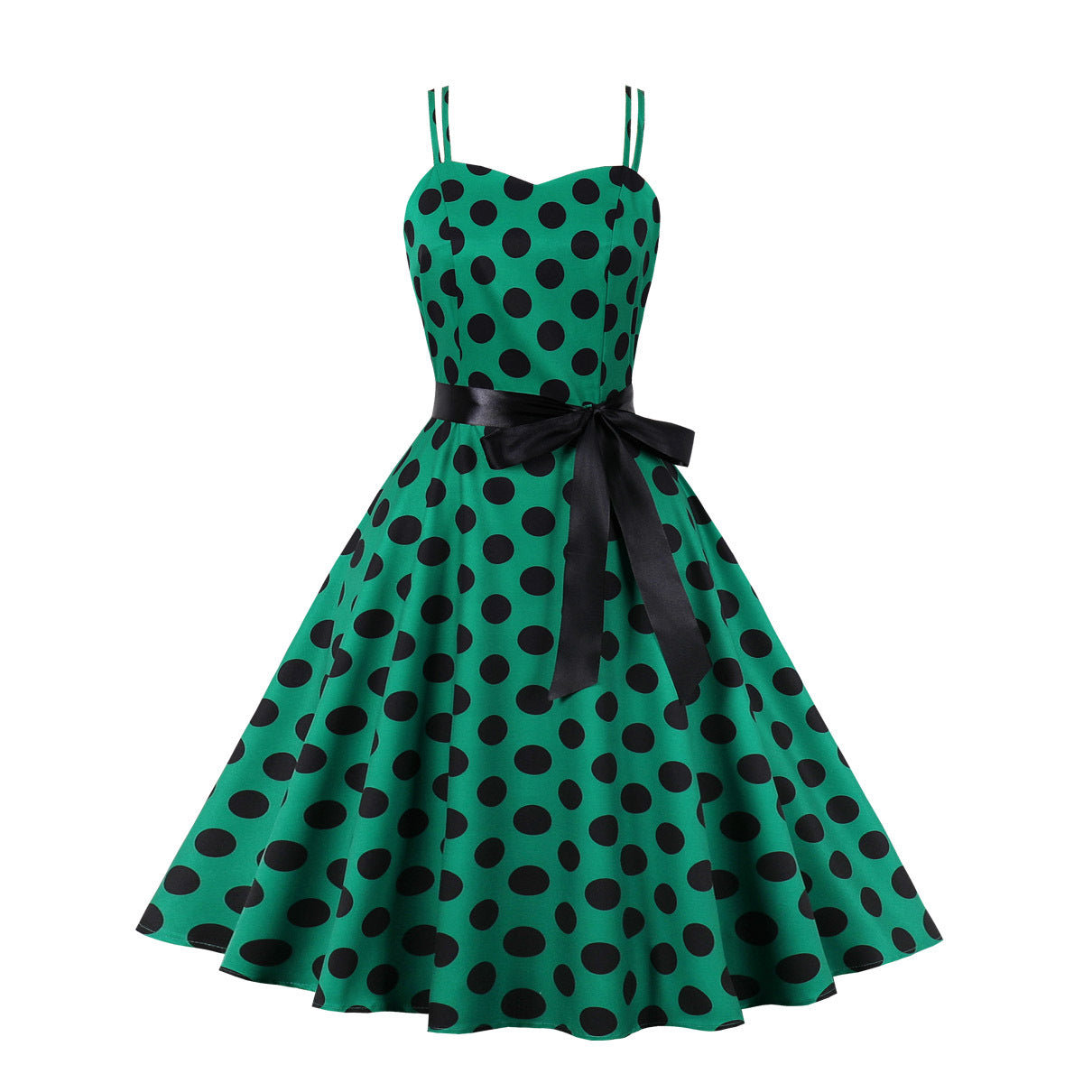 Women'S Dress Retro Polka Dot Print Straps A-Line Swing Dress 15