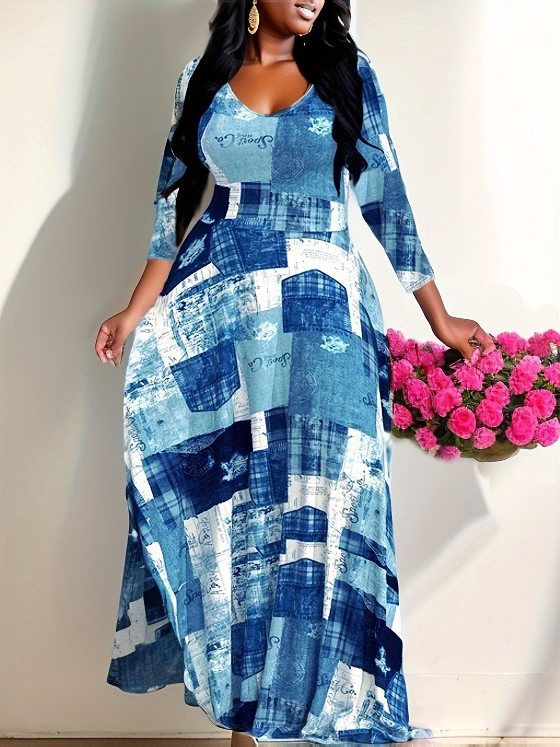 Plus Size Women Printed V-Neck Dress 4