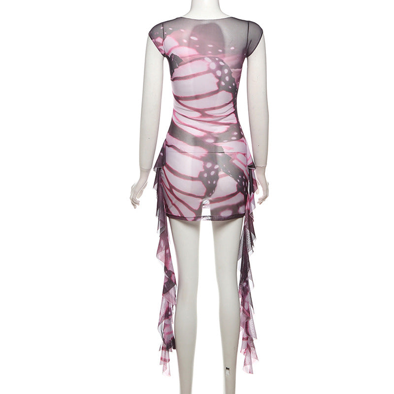 Women Butterfly Print Ribbon Short-Sleeved Dress 8