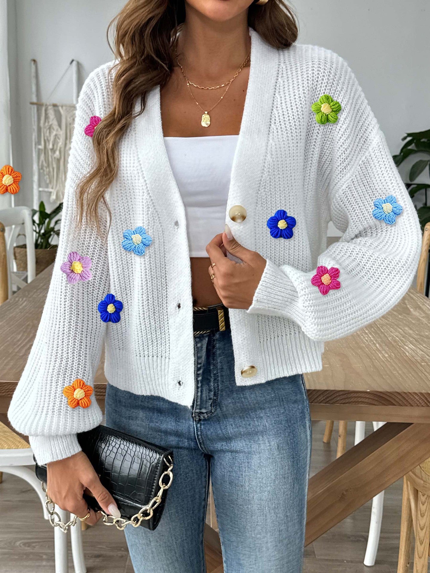 Women's Autumn Winter Flower Patchwork Button Coat Sweater Cardigan 6