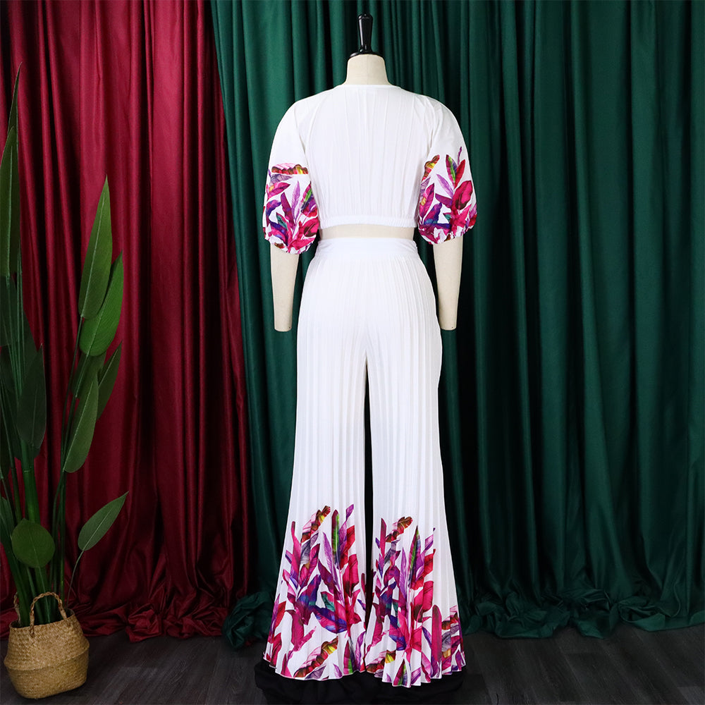 Women's Summer fashion v-neck printed top wide-leg pants two-piece suit 19