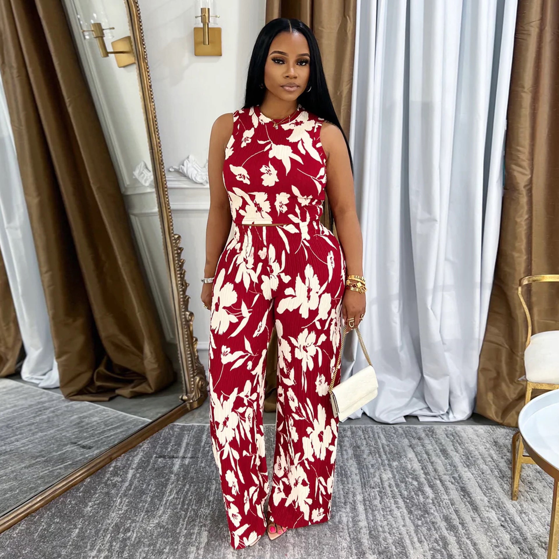 Women Floral Printed Sleeveless Vest and Pants Two-piece Set 5