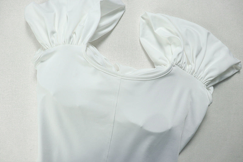 Elegant women's solid color pleated A-line V-neck short-sleeved low back long dress formal party dress 17