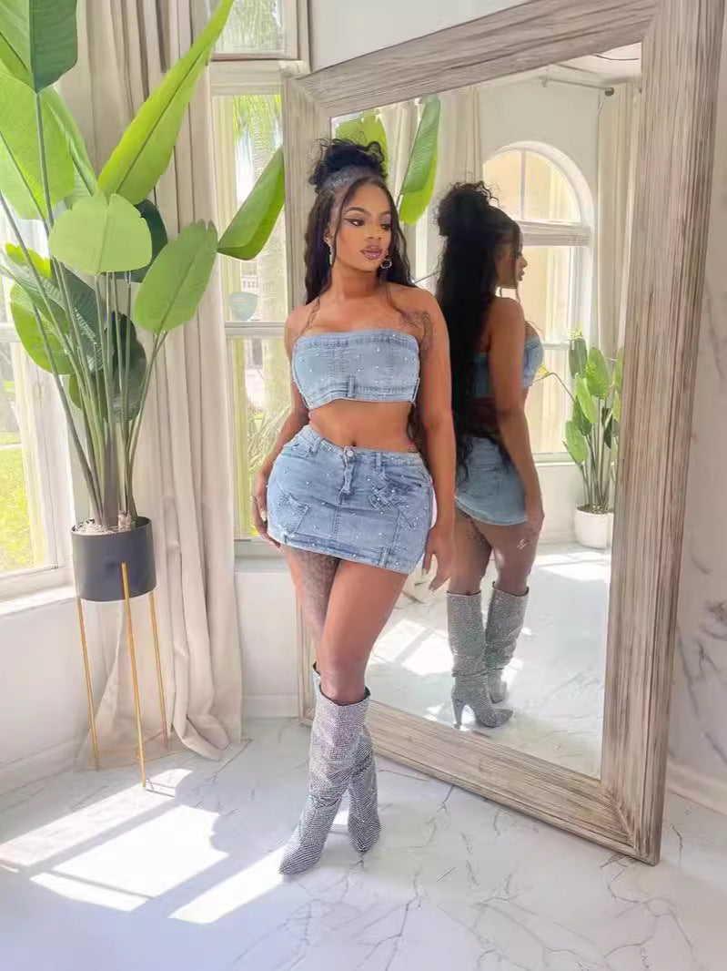 Fashionable Women's Clothing Beaded Strapless Stretch Denim Two Piece Skirt Set 3