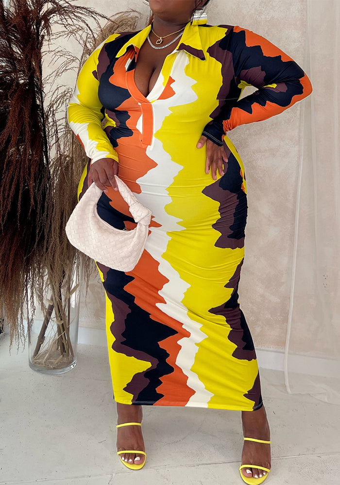 Women's Plus Size Fashion Turndown Collar Print Long Sleeve Slim Dress