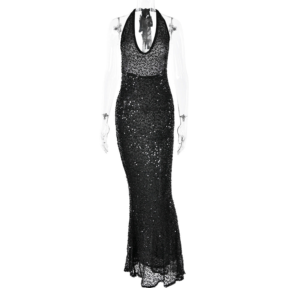 Autumn Fashion Sexy Deep V Halter Neck Slim Sequin Evening Dress 11