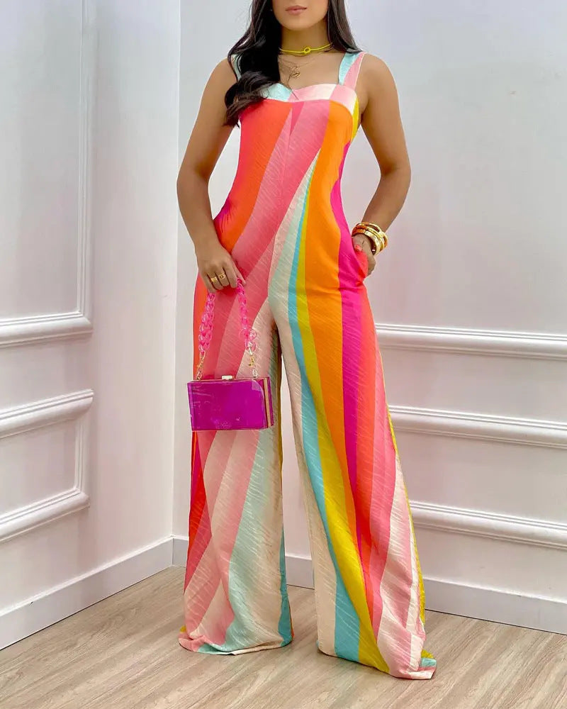 Trendy Print Fashion Wide Strap Jumpsuit Women 3