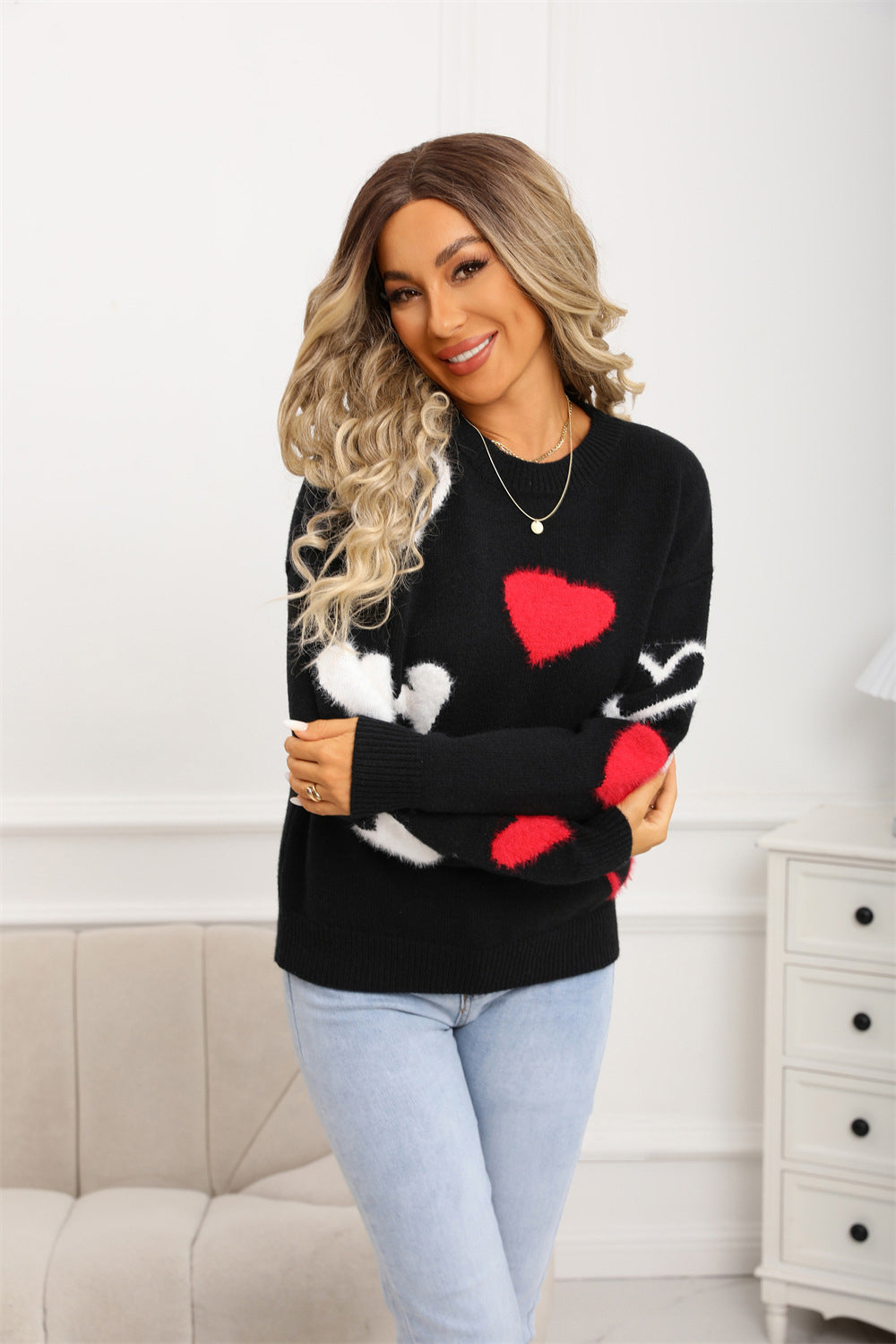 Spring Sweater Heart Print Valentine's Day Sweater Round Neck Knit Pullover Top 16
