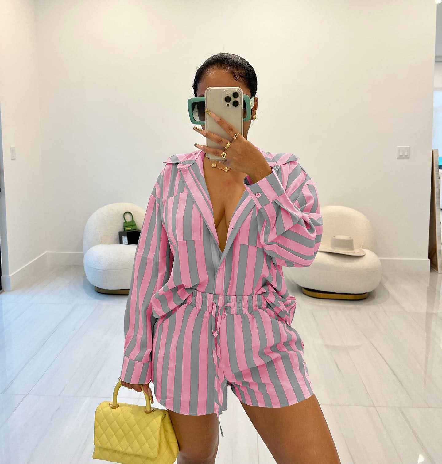 Women Casual striped shirt and Lace-Up shorts two-piece set 4