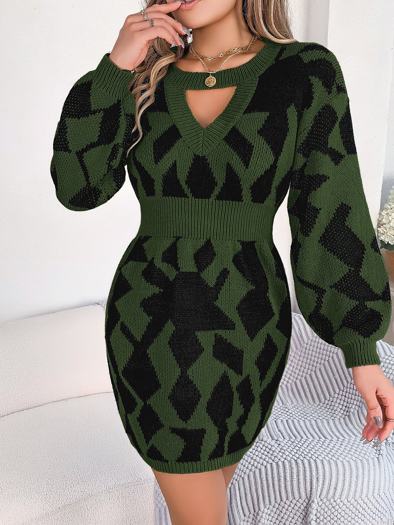 Autumn And Winter Casual Color Block Hollow Sleeve Slim Waist Sweater Dress Women's Clothing 9