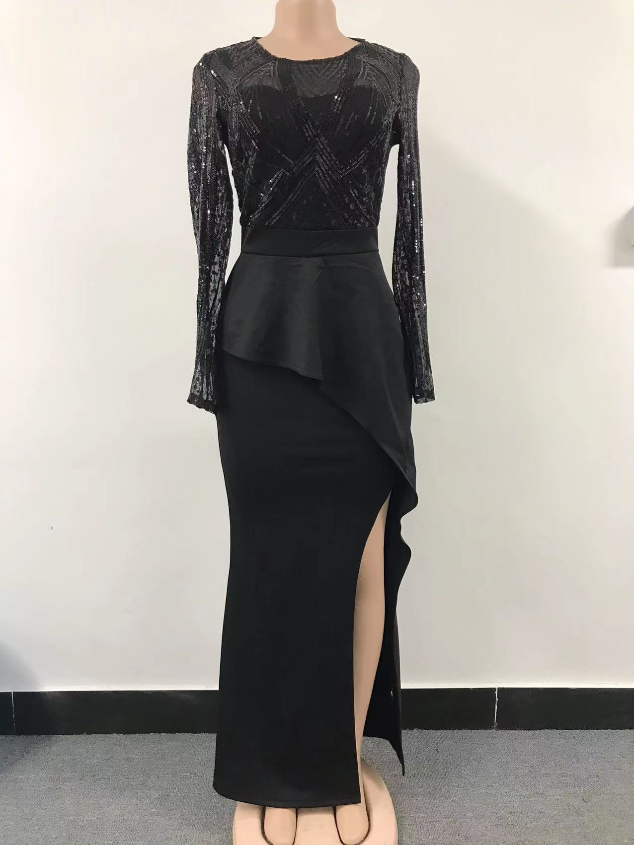 Women Elegant Long Sleeves Sequins Slit Evening Dress 21