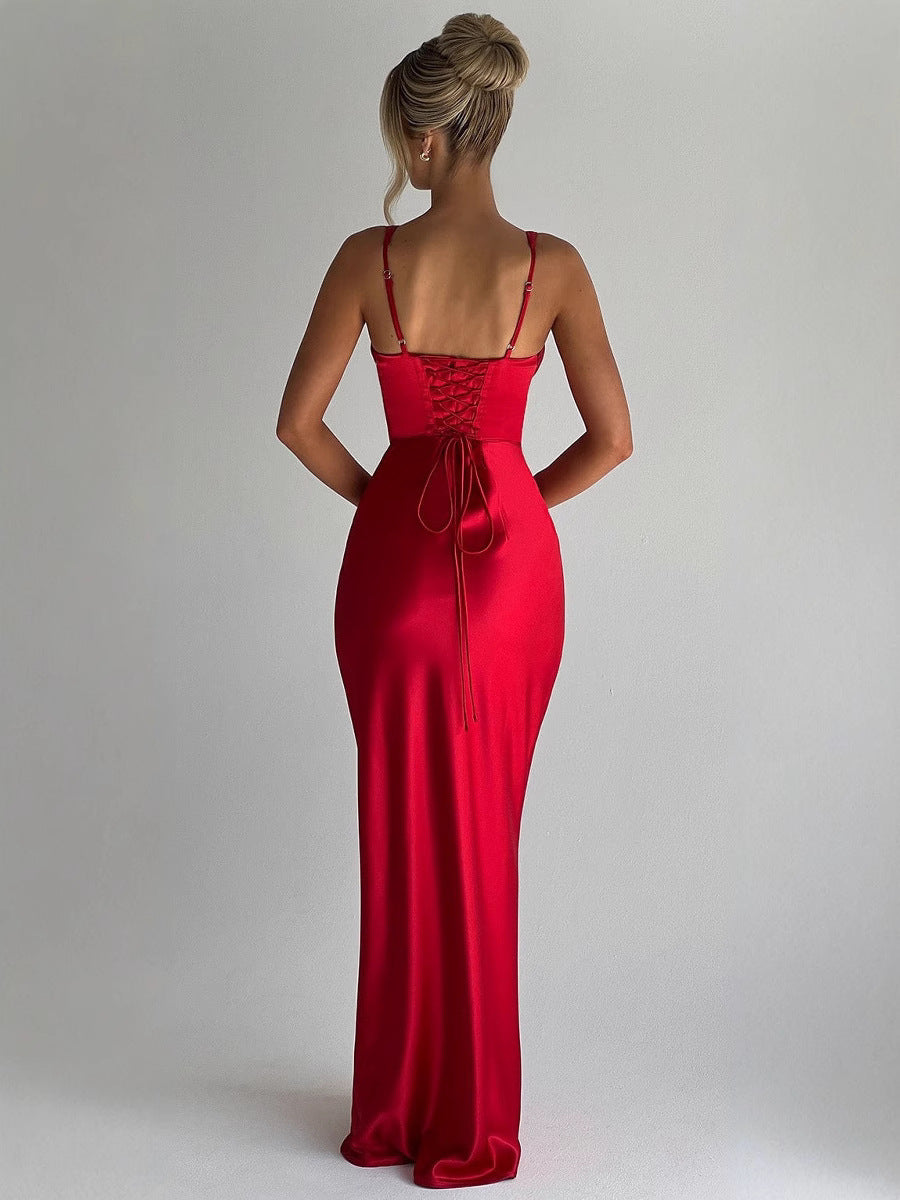 Women's Sexy Satin Low Back Slim V-Neck Fishbone Strap Evening Dress 5