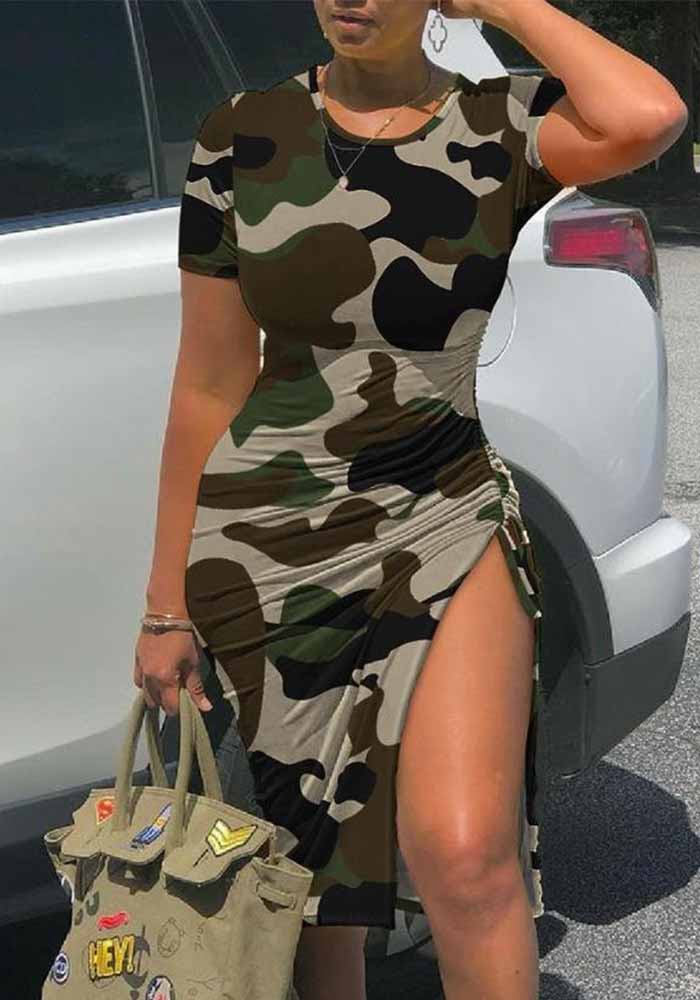 Women's Chic Elegant Round Neck Printed Slit Drawstring Bodycon Dress