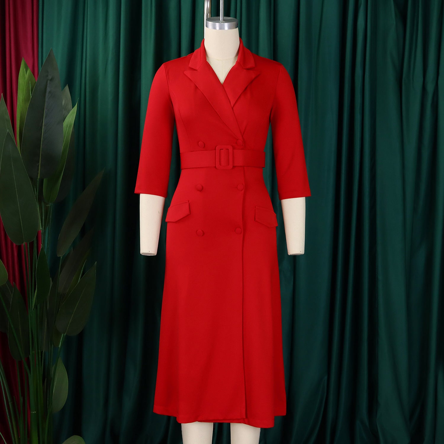 Women's Fashion Chic Double Breasted Turndown Collar Solid Color Career Dress 5