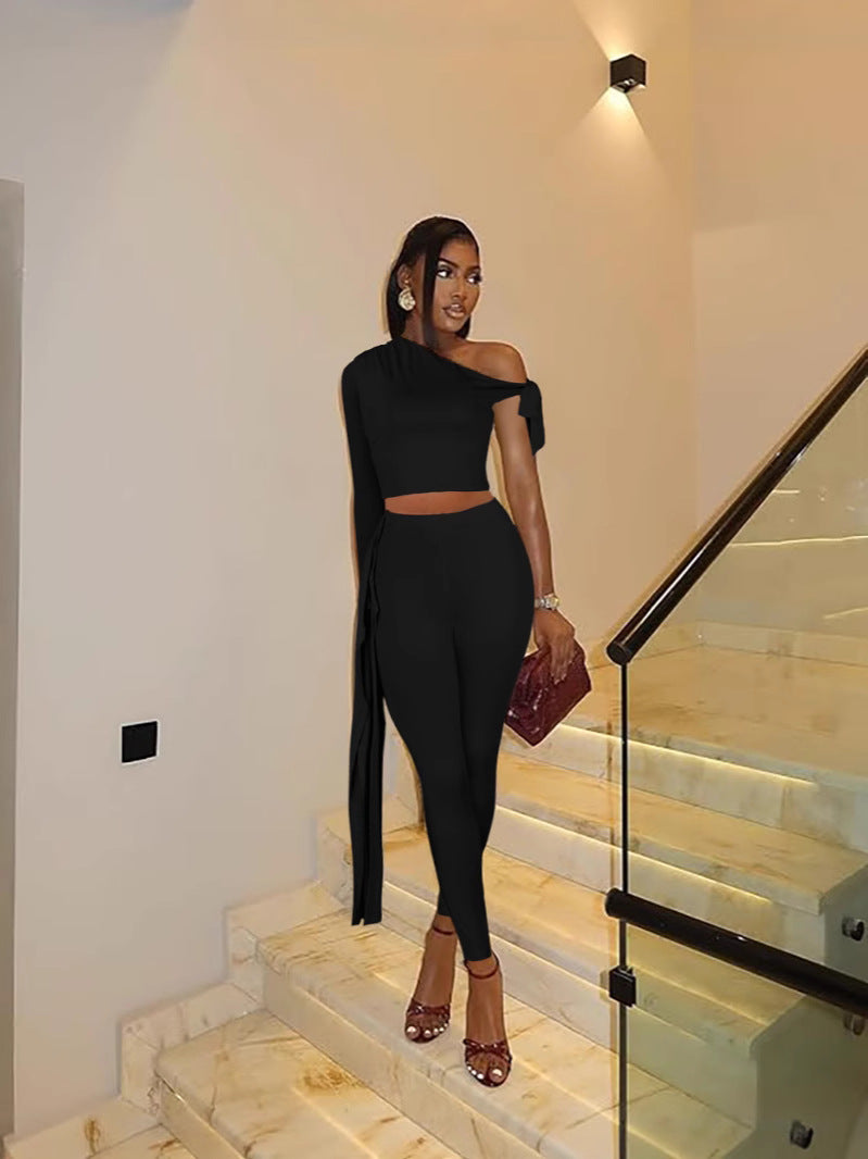 Women Sexy Single Long Sleeve Top and Long Pants Two-Piece Set 4