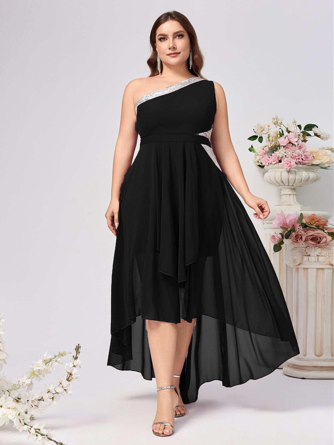 Plus Size Women Slash Shoulder Soild Dress 6