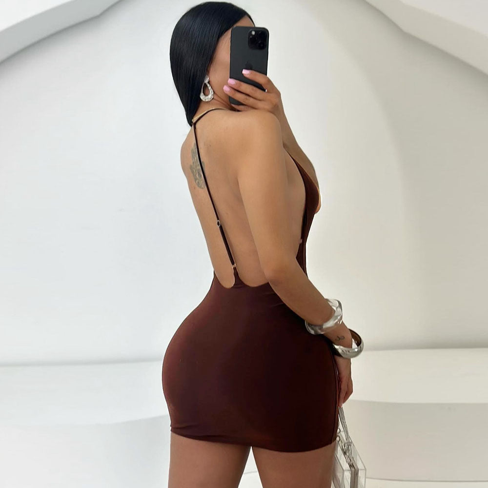 Women sexy sling v-neck Backless Bodycon Dress