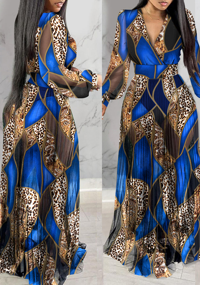 Women sexy v-neck printed long-sleeved dress