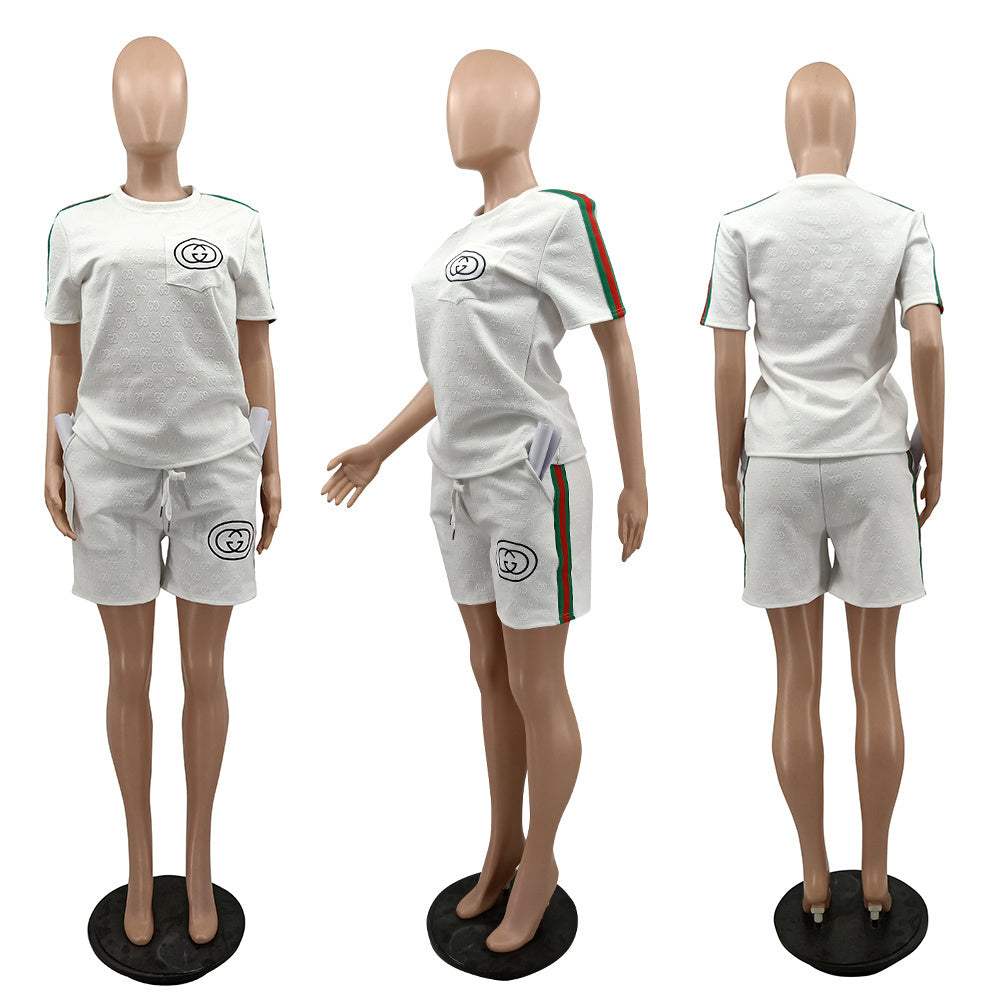 Women's Summer Fashion Chic Texture Fabric Embroidered Two-Piece Shorts Set 7