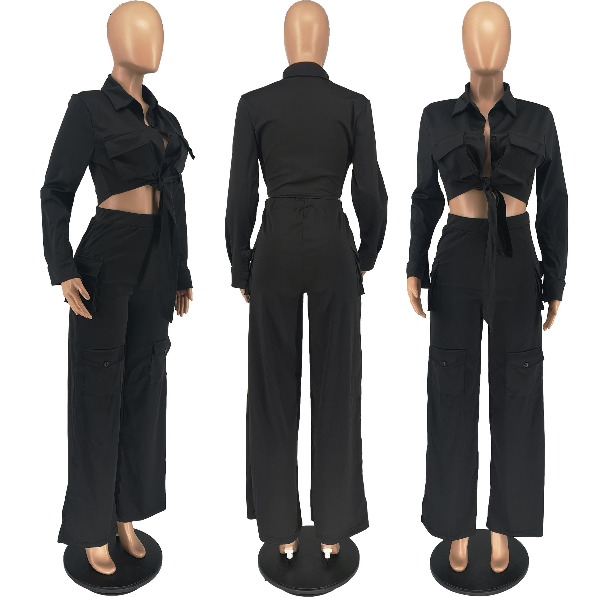 Women Cargo Long Sleeve Top and Wide Leg Pants Solid Two-Piece Set 6