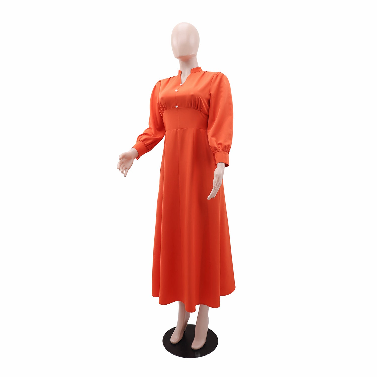 Solid Color Long-Sleeve V-Neck Button  Slim Waist A-Line Dress 4