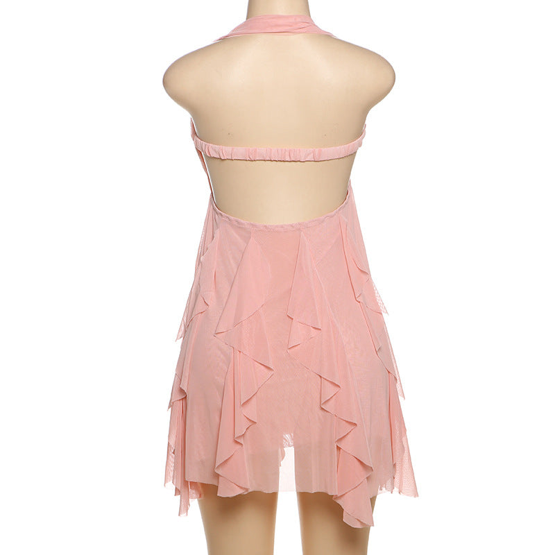 Summer Women's Sexy Halter Neck Low Back Asymmetrical Short Dress 36