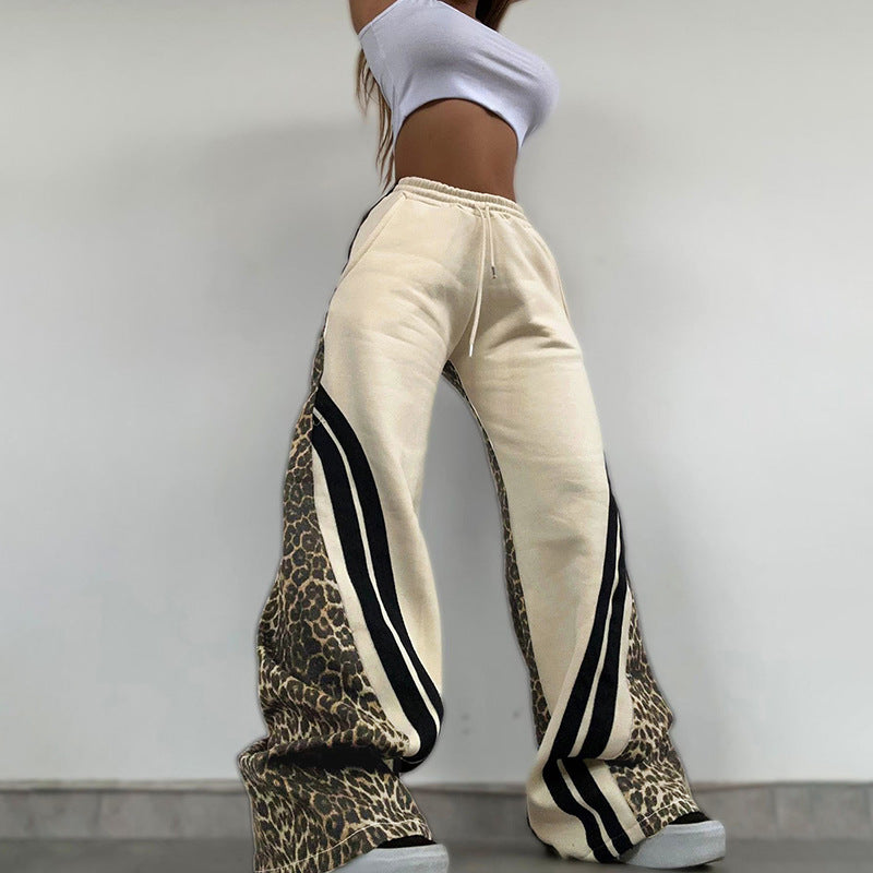 Autumn Style Street Trend Leopard Print Striped Color Block High Waist Loose Sweatpants 4