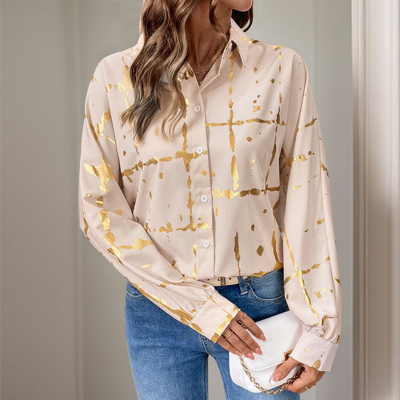 Women autumn and winter Casual Turndown Collar Shiny printed shirt 6