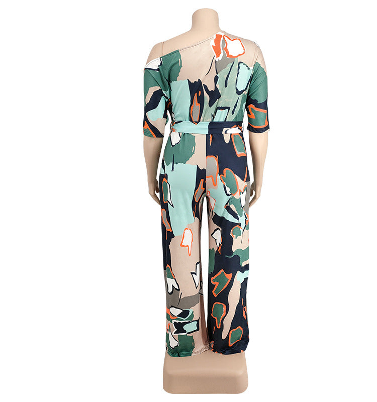 Plus Size Women summer Slash Shoulder print Jumpsuit with belt 18