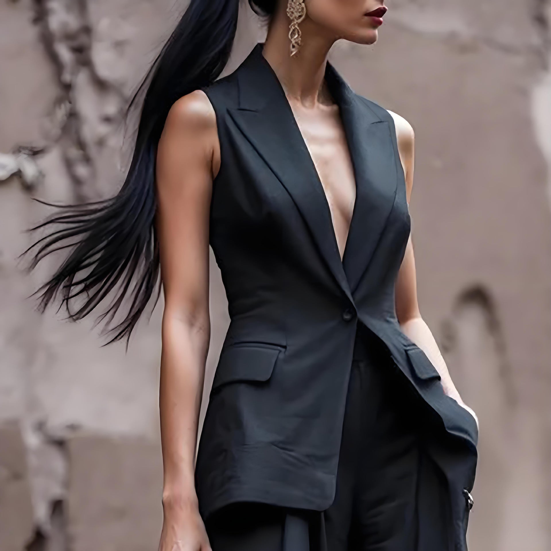 Women's Solid Color Sleeveless Straight-Leg Pantsuit Professional Office Set