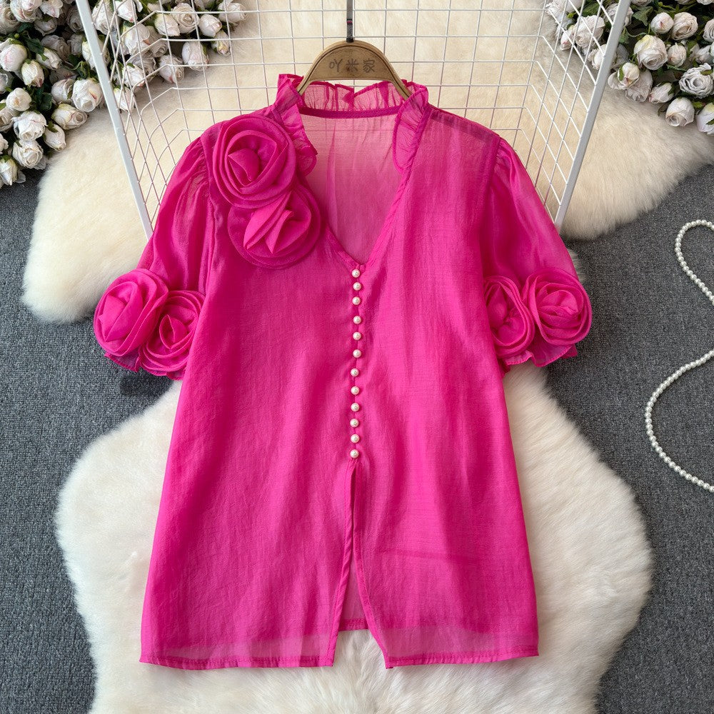 Women French Summer Short Sleeve Flower Mesh Shirt 11