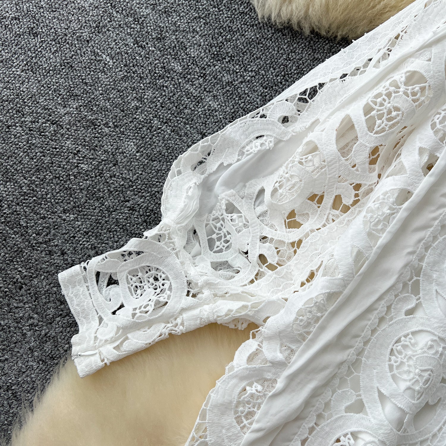 Autumn Lace Sheer Embroidered Blouse High Waist Midi Skirt Set 12