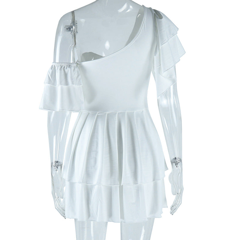 Women Solid Ruffle Sleeve Irregular Slash Shoulder Cascading Ruffles Dress 13