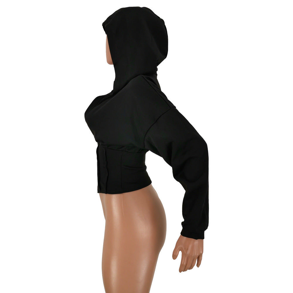 Women Sexy Elastic Waist Loose Hooded Zipper Top 29