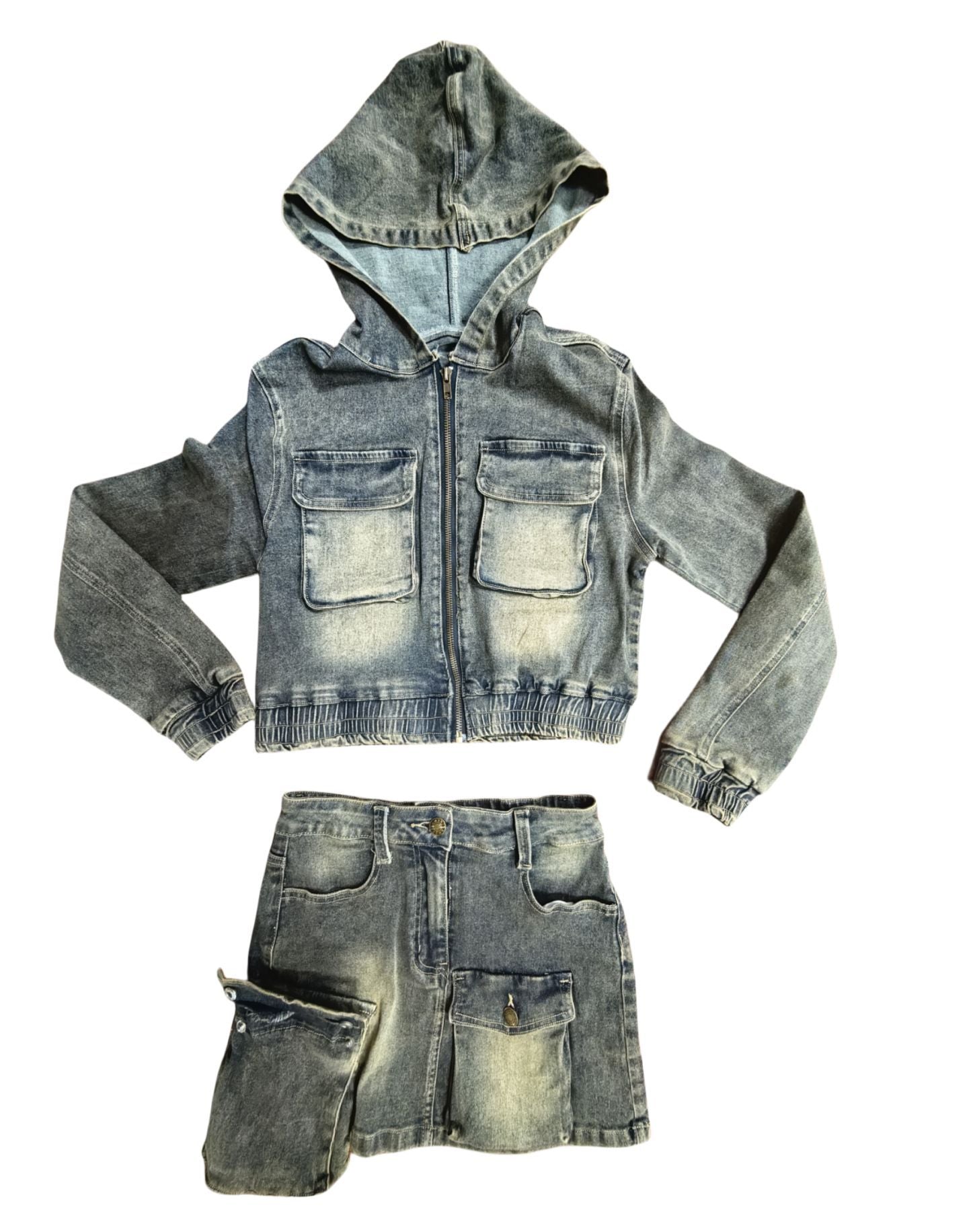 Denim Suit Stretch Denim Hooded Jacket Skirt Two Piece Set 9