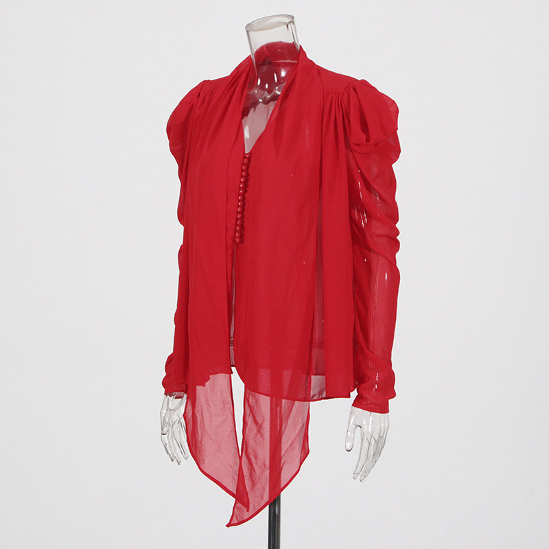 Women V-neck tie top irregular mesh shirt 8