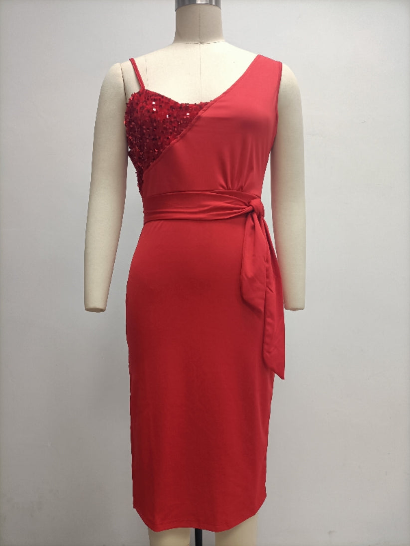 Women'S Solid Color Sexy Sequin Patchwork Slit Belt One Shoulder Evening Dress Nightclub Dress 16