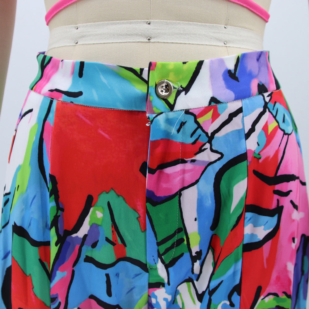 Women V-neck tube top and printed wide-leg trousers fashion casual women's suit two piece set 15