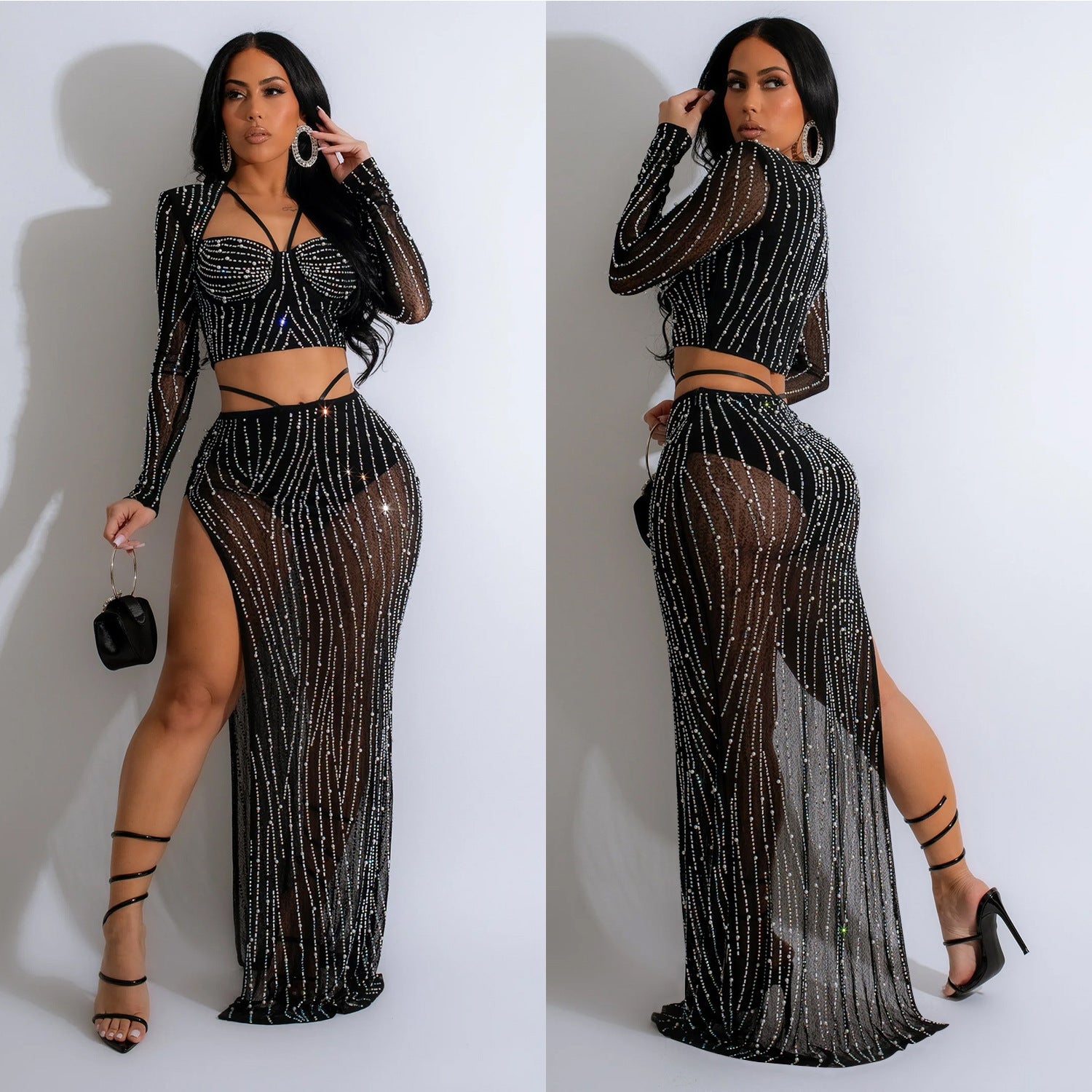 Fashion Women's Solid Color Mesh Beaded Long Sleeve Top Long Skirt Two Piece Set 4