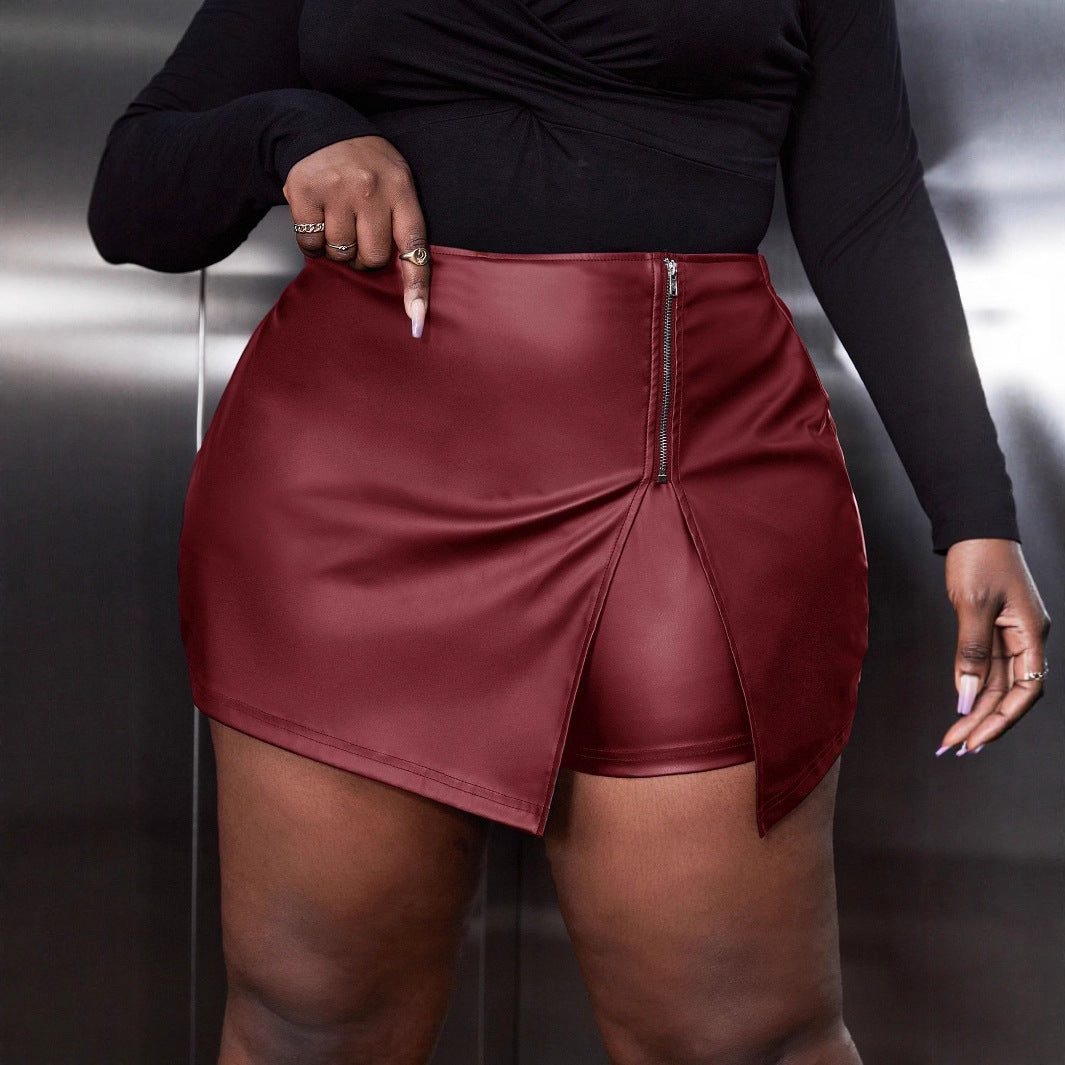 Plus Size Women irregular Style black zipper Pu-Leather pants skirt 11