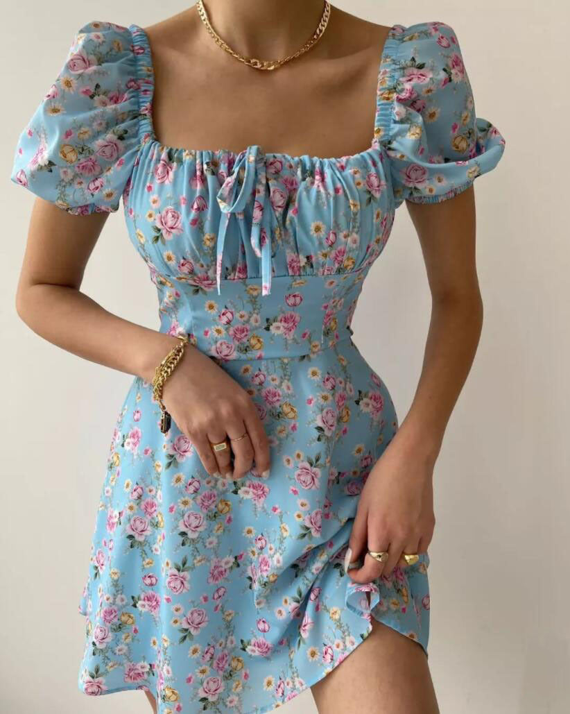 Women'S Summer Fashion Puff Sleeve Floral A-Line Summer Female Dress 6