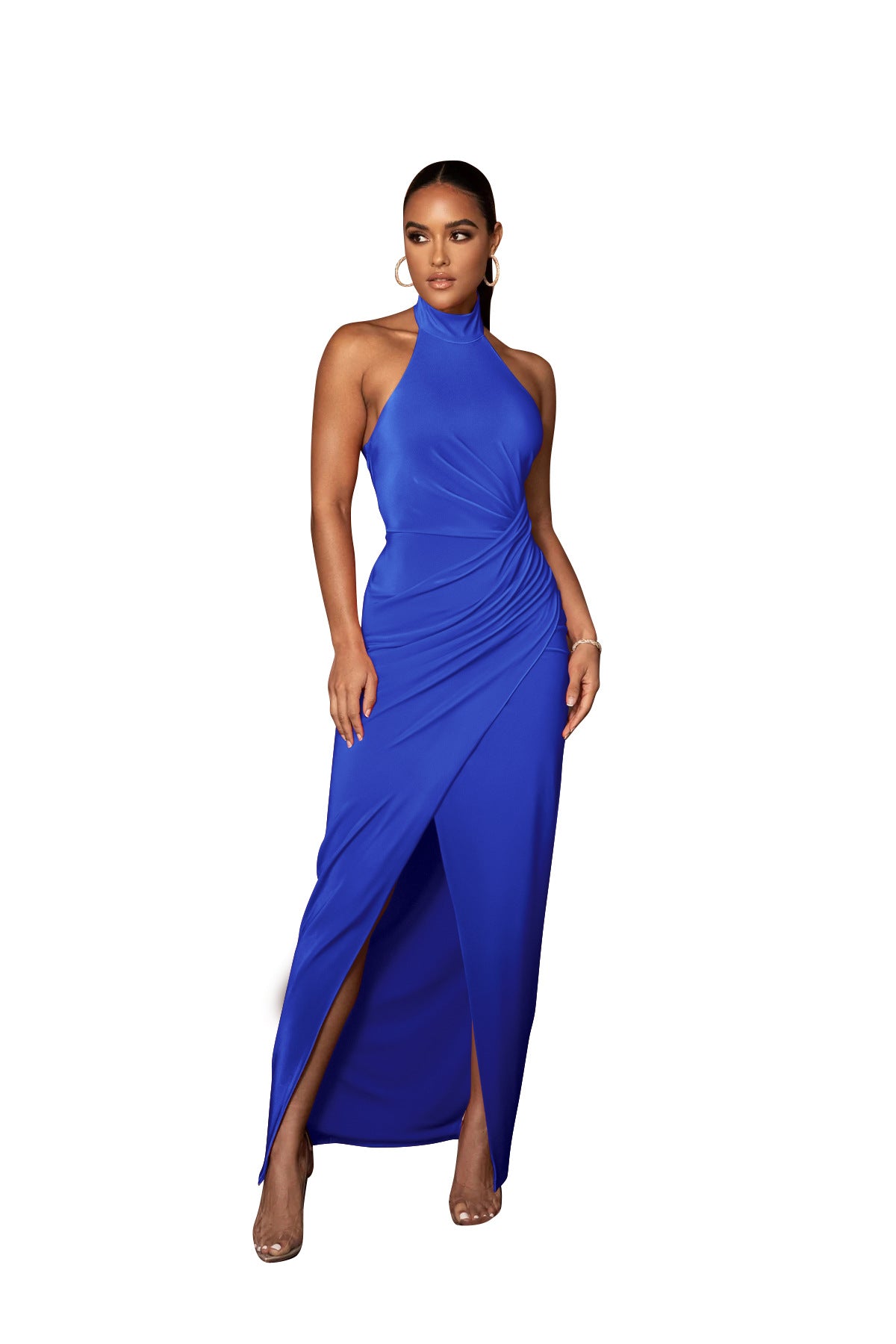 Women's Fashion Solid Color Halter Neck Maxi Pleated Dress 7