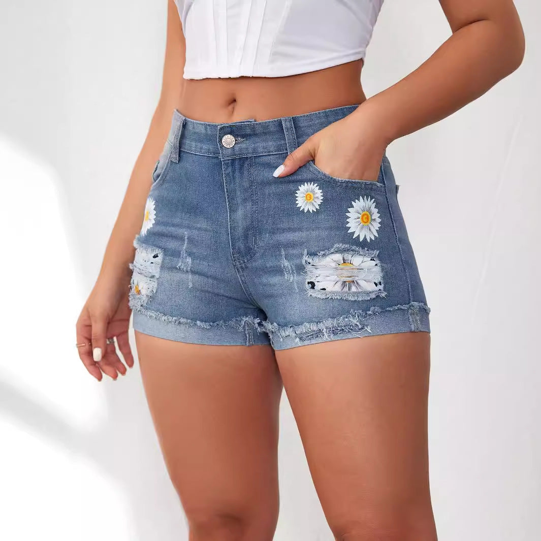 Women Summer Tassel Ripped Print Denim Shorts 6