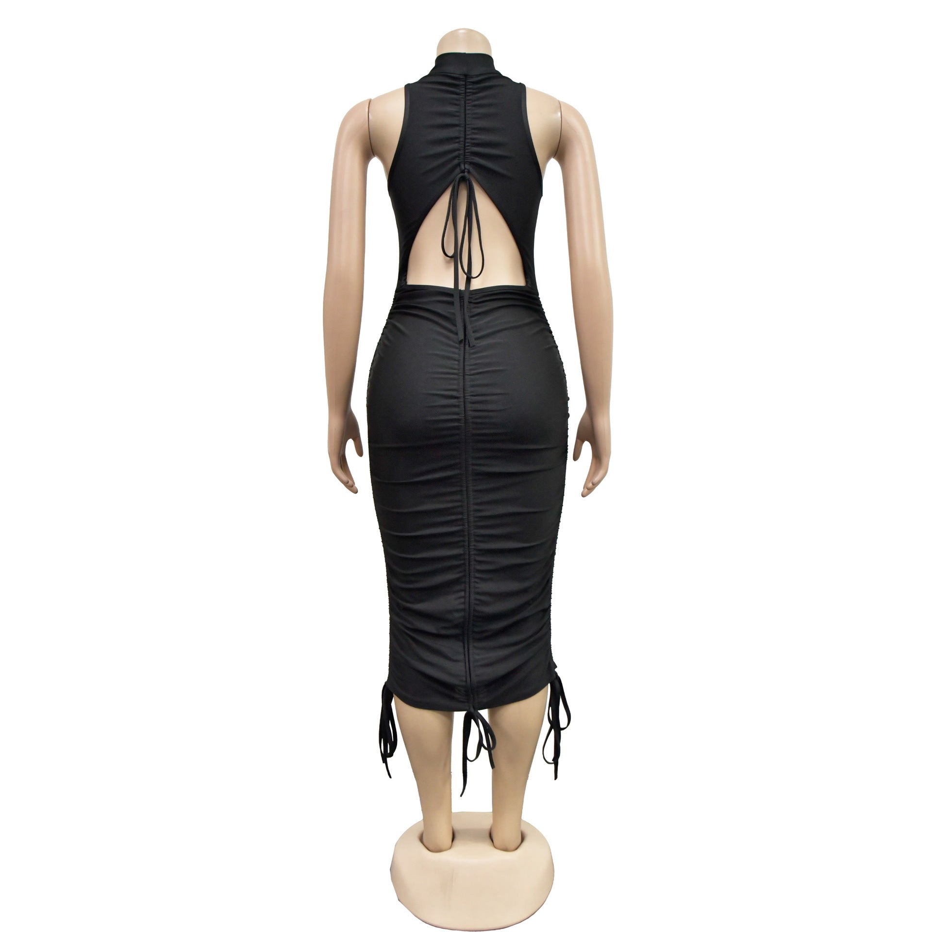 Women's Fashion Solid Color Sexy Sleeveless Low Back Pleated Drawstring Bodycon Dress 16