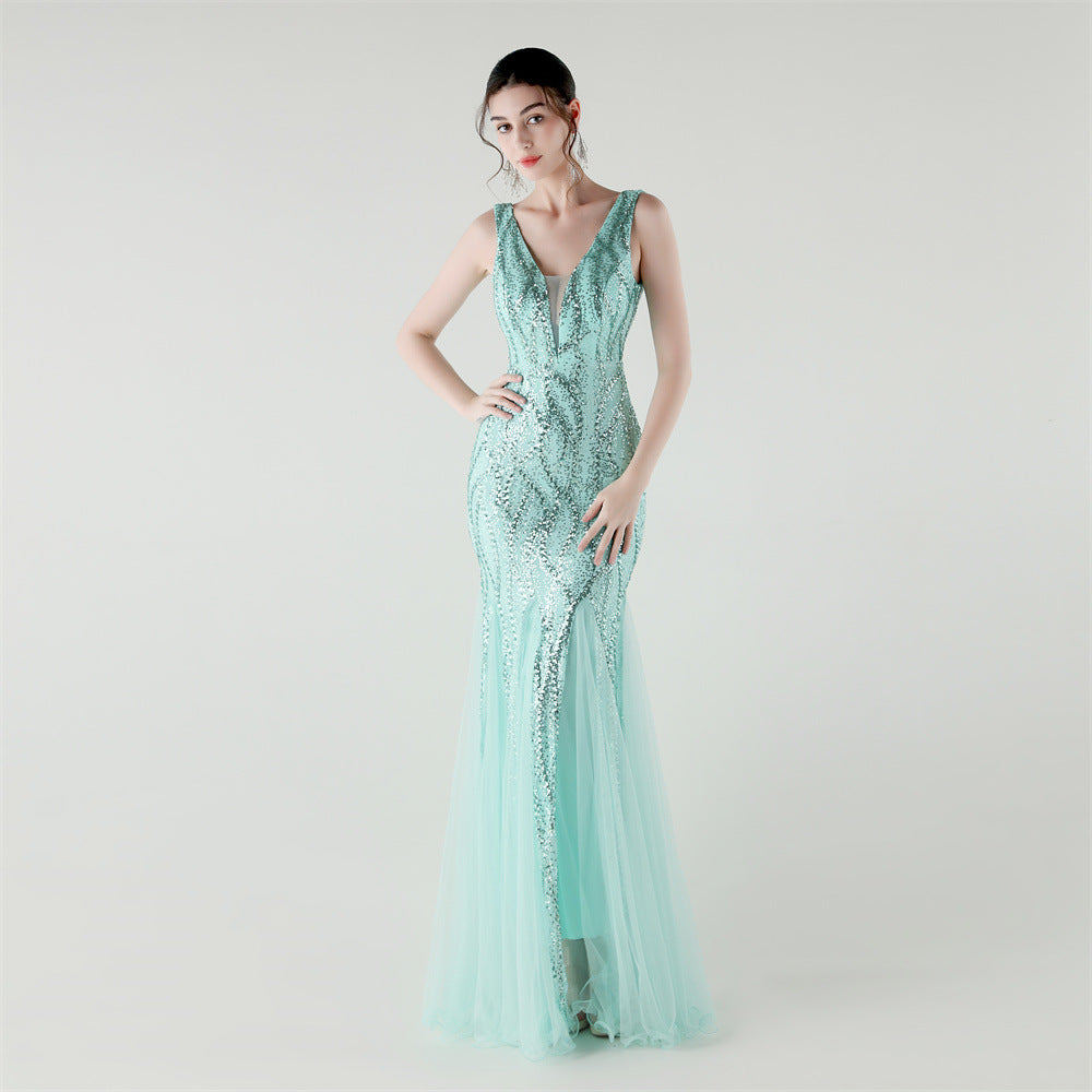 Deep V Neck Sequin Mesh Patchwork Fishtail Evening Dress for Formal Occasions 24