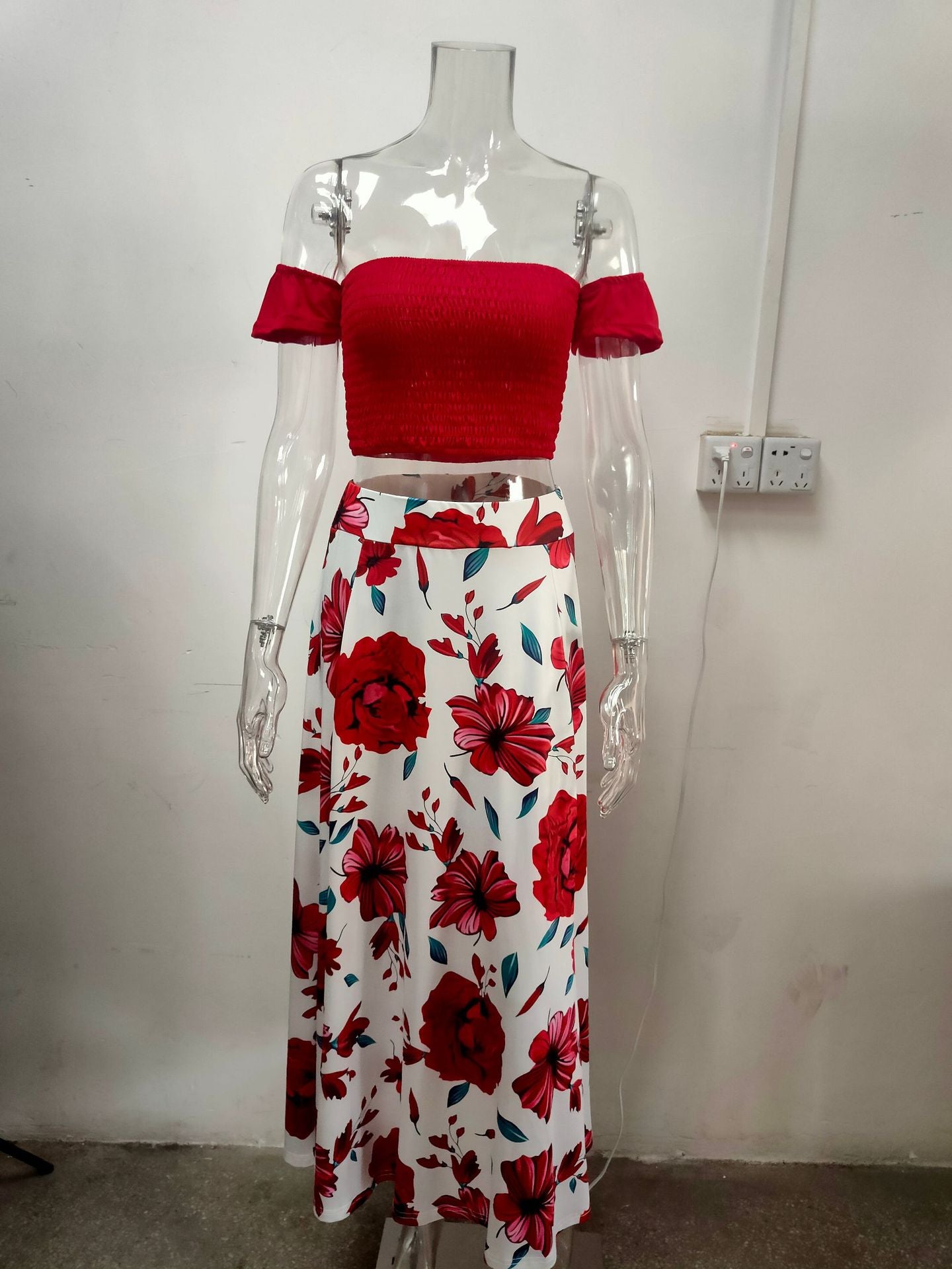 Women Summer French Bohemian Print Strapless Top and Skirt Two-Piece Set 24