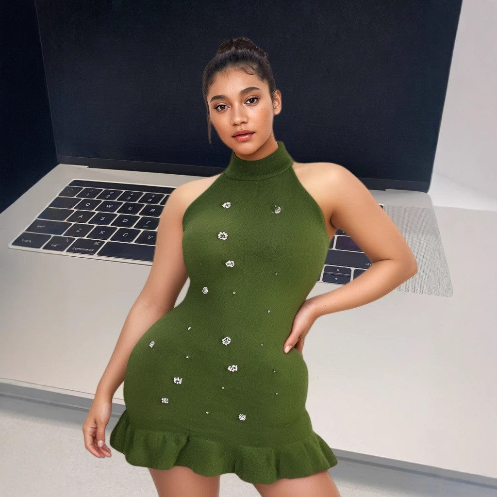 Women beaded Halter Neck sleeveless knitting dress 9