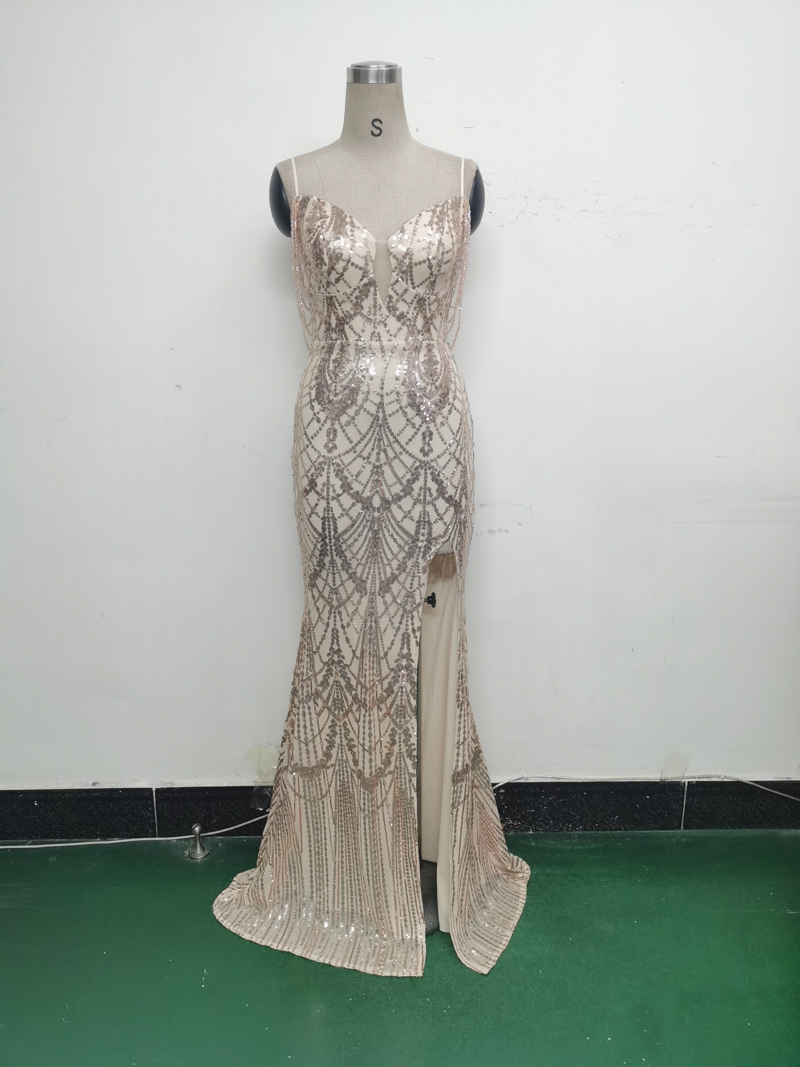 Women beaded sequin fishbone Lace-Up See-Through evening dress 38